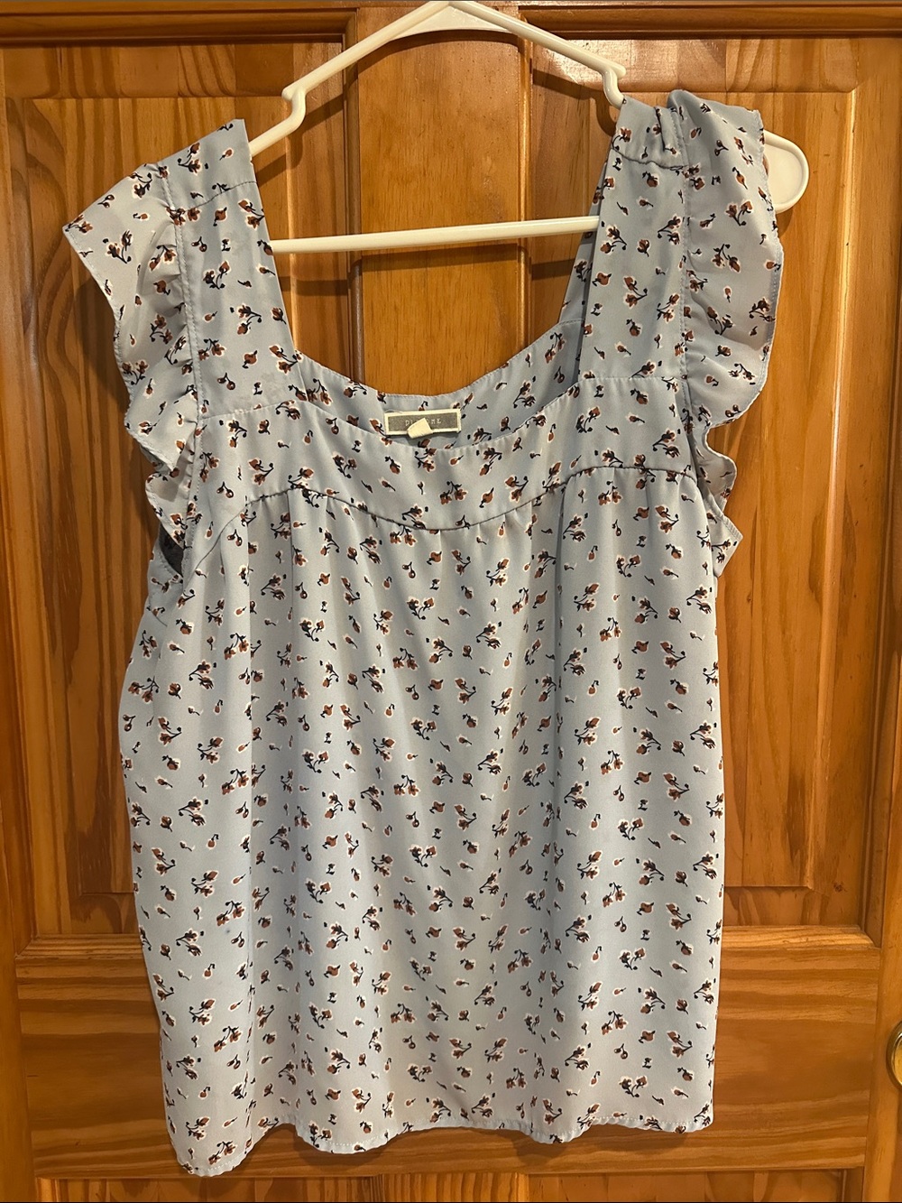 Pleione Light Blue Floral Ruffle Sleeve Top